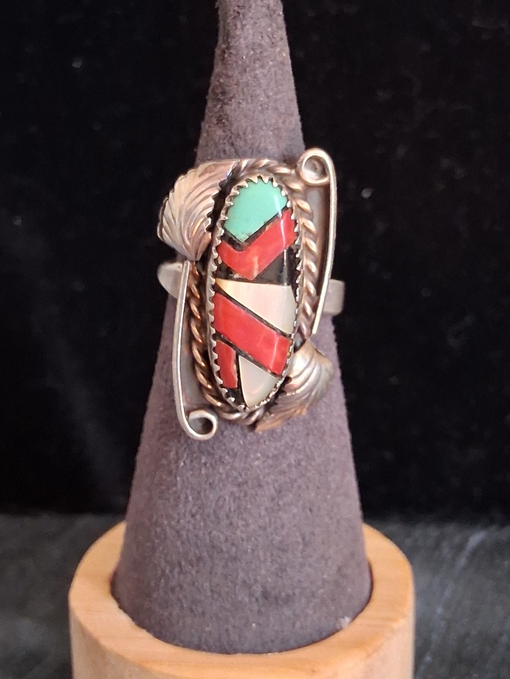 vintage Native American mosaic inlay ring crafted in sterling silver Turquoise